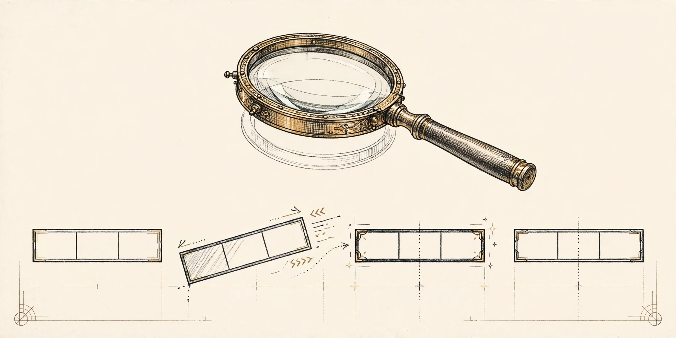 Illustration of a magnifying glass checking a row of caption bars, one bar snapping into correct alignment