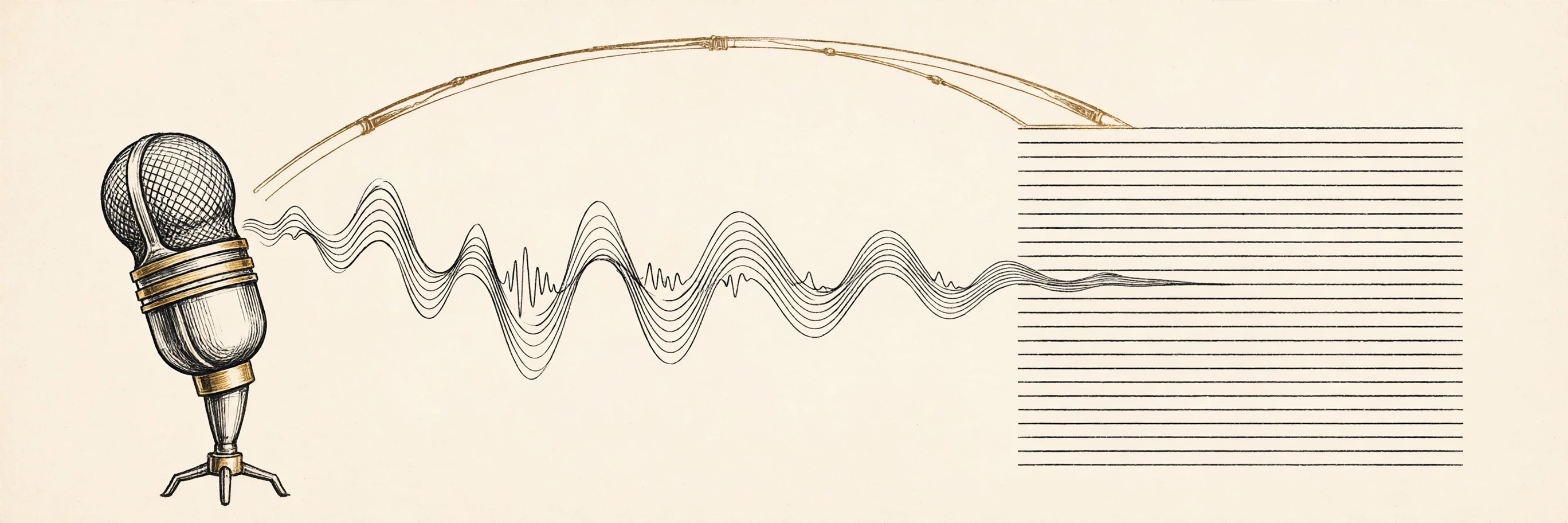 Illustration of a microphone with a sound waveform transforming into a document of text rows
