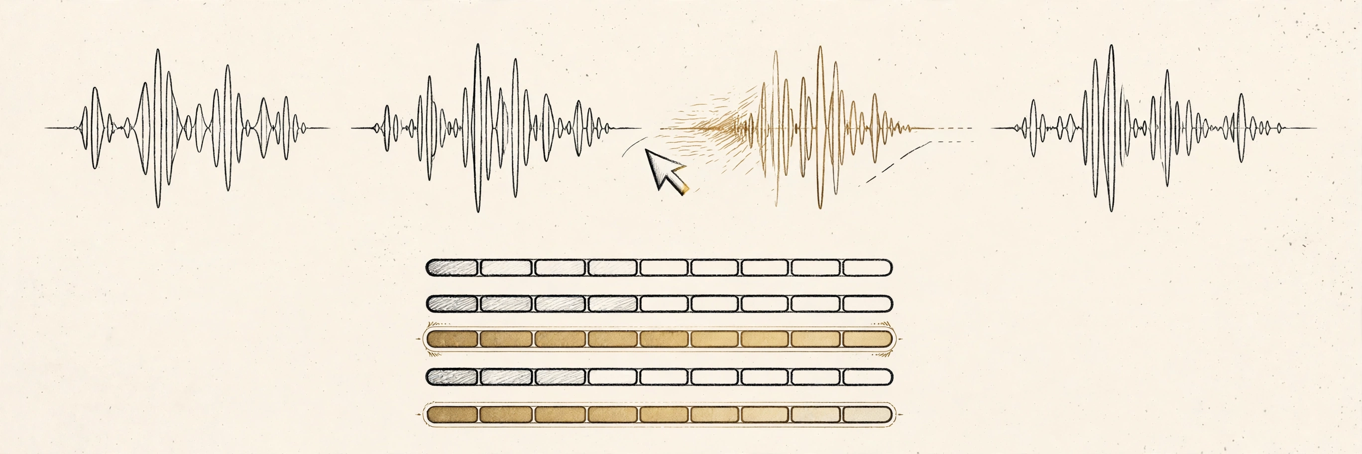 Illustration of transcript editing: waveform segments aligned with text rows, one segment being adjusted
