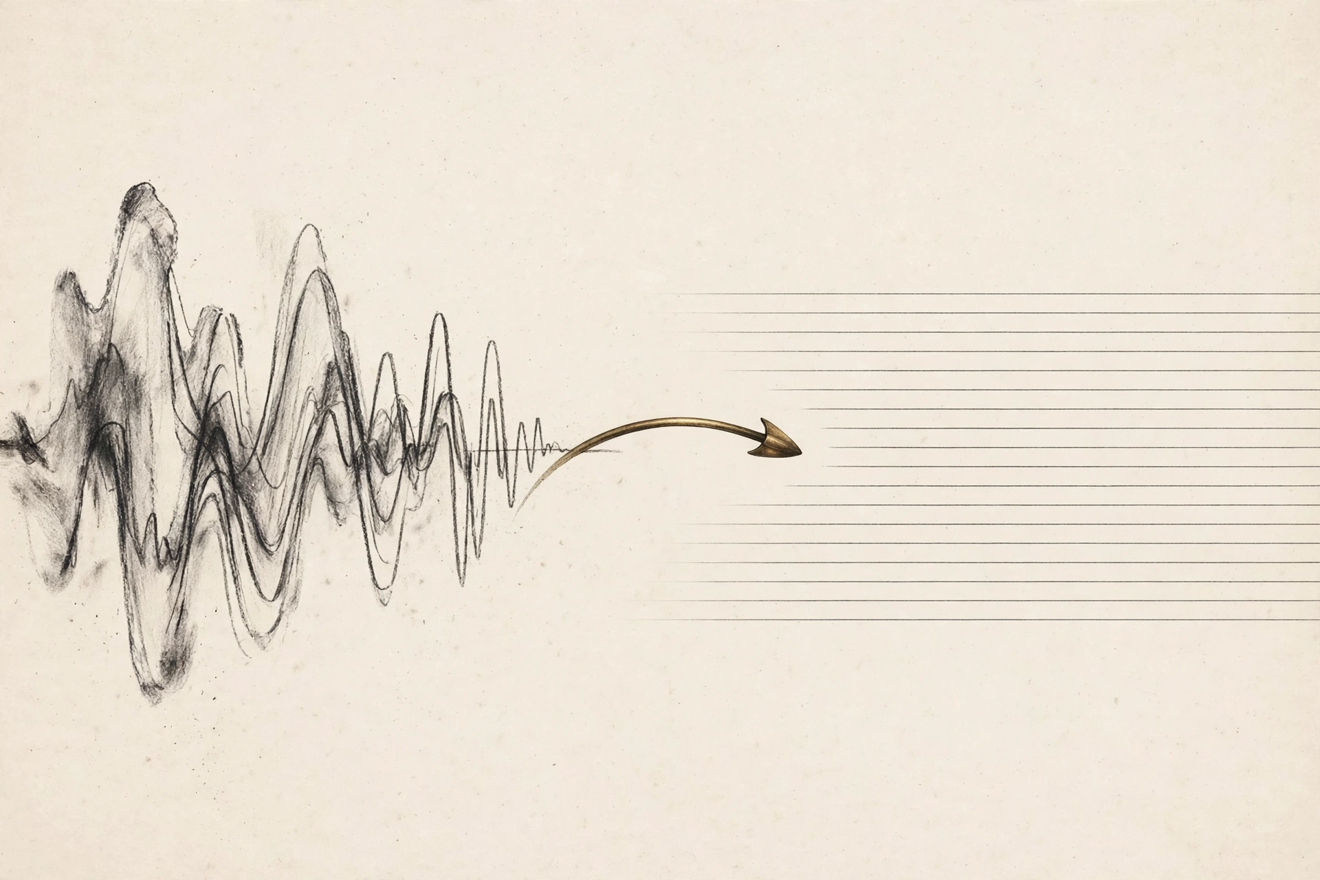 Editorial illustration of an audio waveform transforming into lines of text