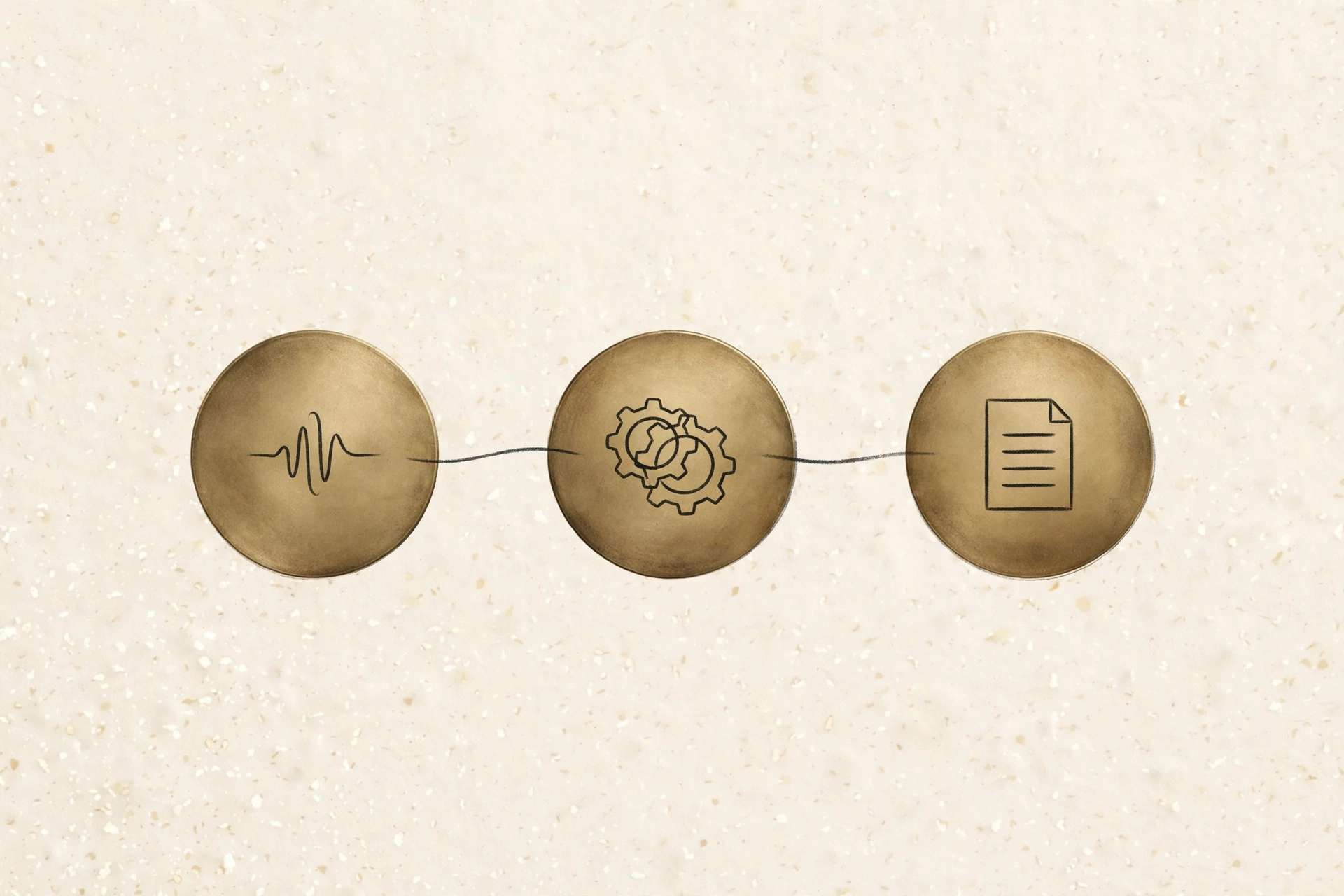 Illustration of three connected circles showing sound wave, processing gears, and a finished document