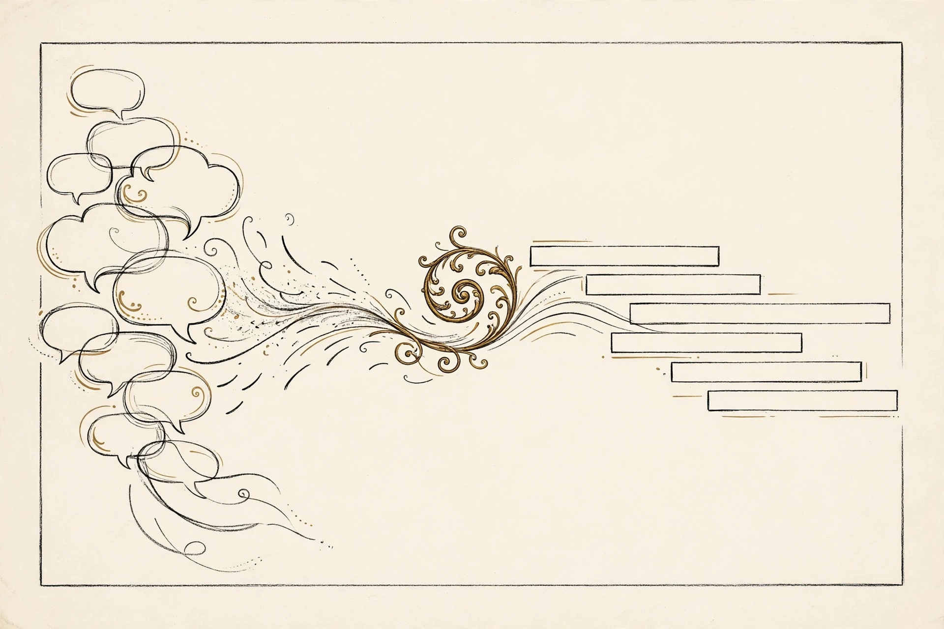 Illustration of speech bubbles dissolving into a stream of caption bars over a video frame