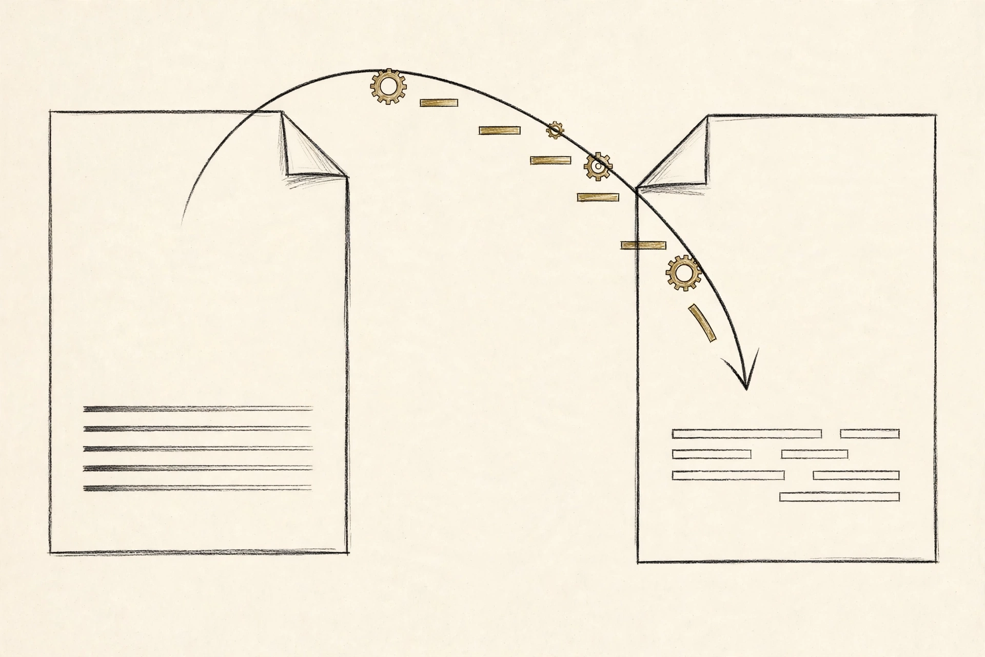 Illustration of a curved arrow converting one subtitle document into another with rearranging caption bars