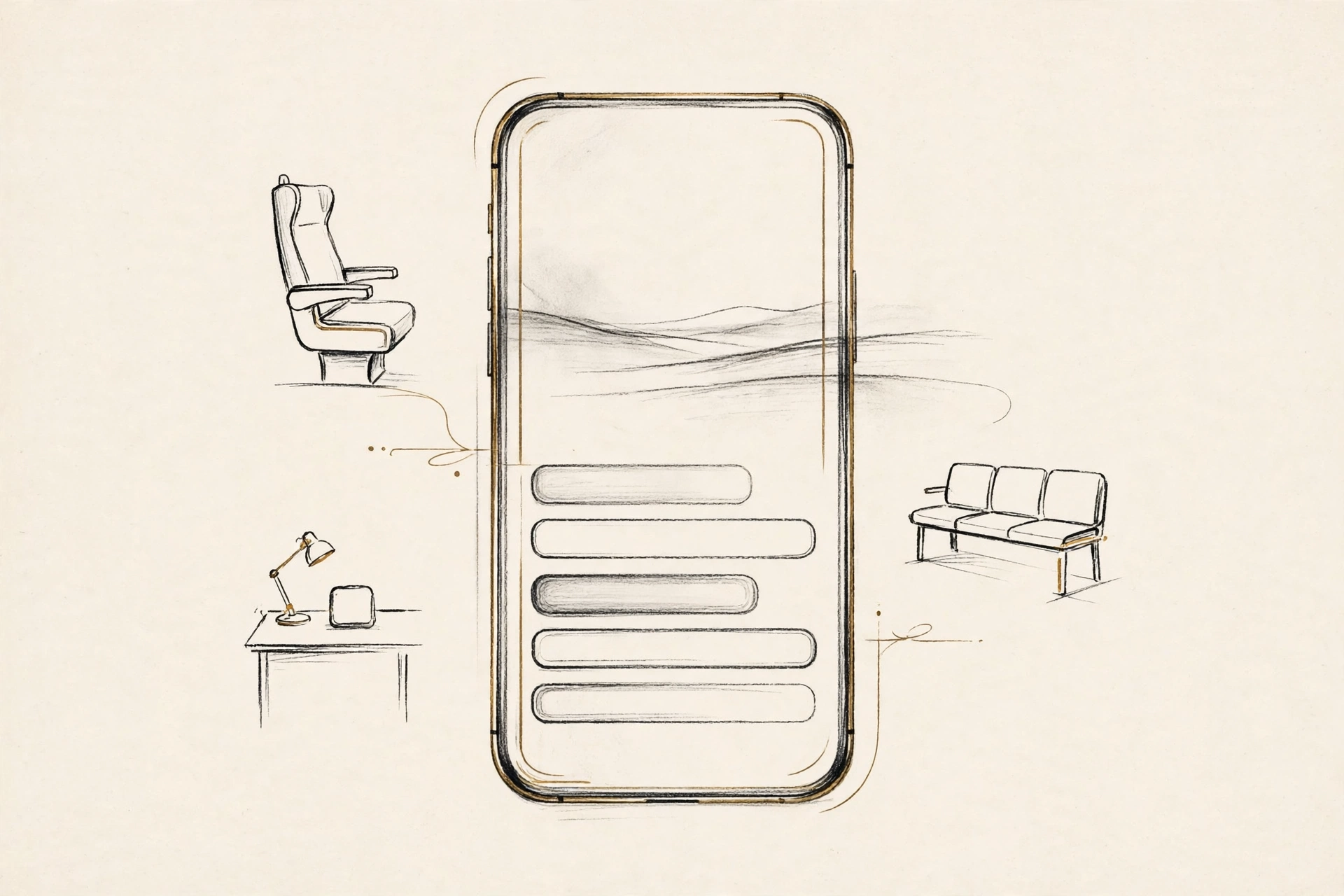 Illustration of a phone screen with caption bars surrounded by quiet viewing places like a train seat and office desk